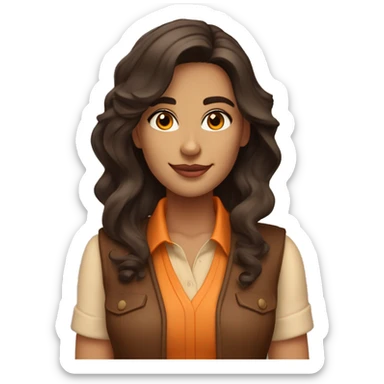 a charming tanned woman wavy chocolate hair, caramel eyes, beige shirt, orange vest sticker