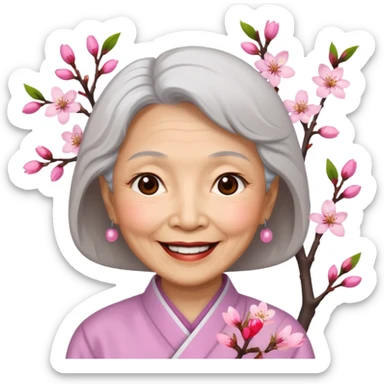 elderly asian woman with cherry blossom sticker