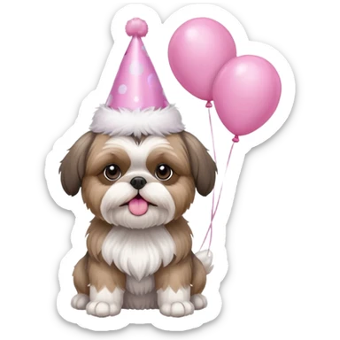 cute shih tzu hold a few pink balloons  with pink birthday hat sticker