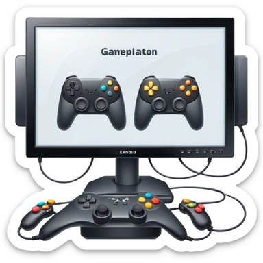 An icon showing two monitors with gaming interfaces, connected by a wire. Each monitor displays a different game screen, with two gamepads placed nearby, symbolizing multiplayer gameplay. transparent background. sticker