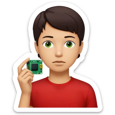 A young person wearing a red T-shirt indoors, short dark hair, holding a small green electronic circuit board near the mouth in a thoughtful pose. Warm natural lighting, window with blinds in the background, casual tech-inspired vibe. sticker