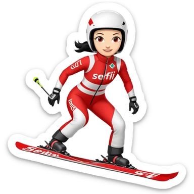 Ski racer downhill squat woman red white dress with the name Steffi on the dress Ski Head lettering black hair smile sticker