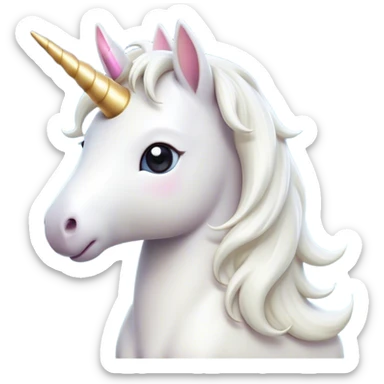 Cinematic Cute White Unicorn Portrait Emoji, Head tilted playfully and inquisitively, featuring a charming, petite form with a silky white color, a delicately flowing mane and tail, and a tiny, sparkling horn, with large, dreamy eyes full of wonder, Simplified yet irresistibly adorable features, highly detailed, glowing with a warm, enchanting glow, high shine, affectionate and lively, stylized with a touch of fairy-tale whimsy, soft glowing outline, capturing the essence of a mischievous yet endearing white unicorn that seems as if it could gallop out of the screen into your heart! sticker