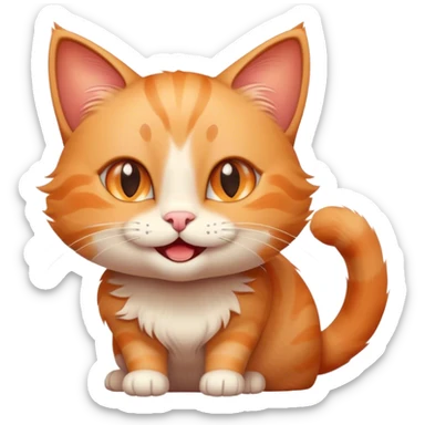 A cheerful, smiling cat with bright, sparkling eyes, slightly tilted head, and a playful expression. The cat has soft, fluffy fur and a small, curved tail. The background is simple and minimalistic, emphasizing the cat's joyful demeanor. sticker