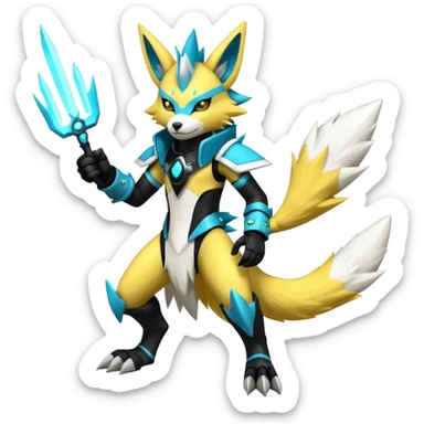 Shiny badass cool edgy spikey fluffy realistic cyan yellow white electric complex futuristic Zeraora-Renamon-Lombax-Electrike-Umbreon-Manectric-Weregarurumon-fusion-creature (full body) wearing black gauntlets sticker