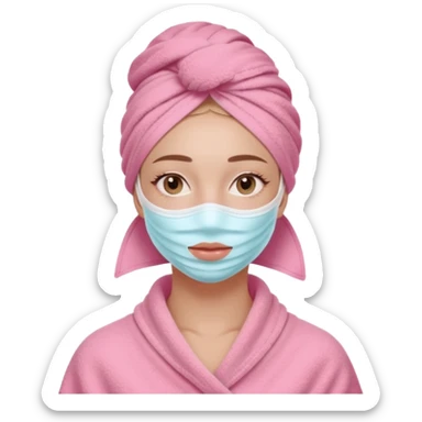 Clean girl influencer character, chest-up portrait, wearing a pink towel wrapped around the head, facial skincare mask on face, relaxed confident expression, soft glow skin, minimal chic aesthetic, subtle beauty accessories, calm self-care vibe sticker