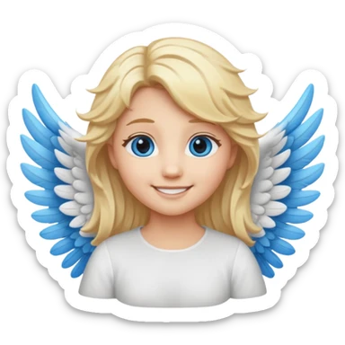 angel emoji blonde hair, blue eyes and smiling, larger wings with darker outline on them and bigger smile sticker