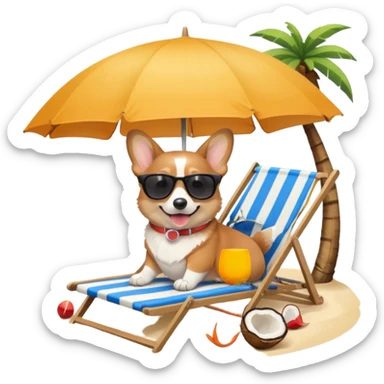 a corgi dog laied on a beach chair, a sunny beach, a sun umbrella, and beach coconut trees. the icon should capture the essence of a relaxing beach vacation with a carefree atmosphere sticker