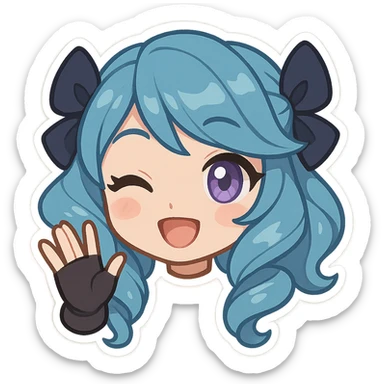 chibi style Gwen from League of Legends, only head, right eye purple, waving hi, frame 1: hand raised, smiling sticker
