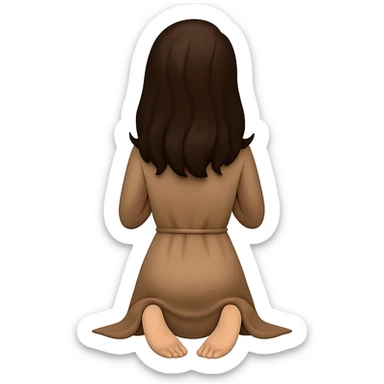 Create a woman kneeling and praying from the back view, with her feet visible and out behind her, wearing a long tan dress, with dark brown hair, matching the body figure of the reference image. The style should resemble emoji style. Remove the background. sticker