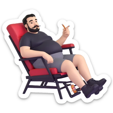 Large man reclining in chair, legs spread, smoking a cigarette, round face, very short black hair, well-groomed beard with mustache, light skin, black t-shirt with light stripes at top riding up to show belly, black shorts, arms covered in black graphic tattoo patterns with designs visible on forearms and shoulders sticker