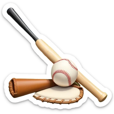 A baseball bat, ball, and glove resting on the ground, set against the backdrop of a baseball field. The scene captures the iconic equipment of the sport, with the field in the distance and a bright sky above, evoking the spirit of the game. sticker