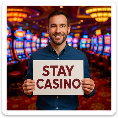 A man standing in a casino holding a sign that says 'Stay Casino', vibrant casino atmosphere, slot machines and lights in the background. sticker