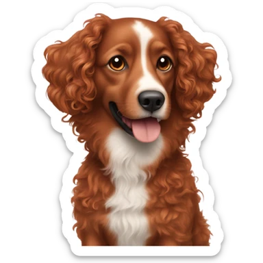 curly/wavy red brown haired dog with a smaller black  sticker