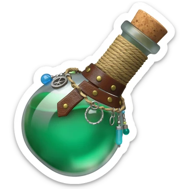 an empty round potion bottle a little rotated with a cork and decorations on the bottle like ropes and belts and random stuff sticker