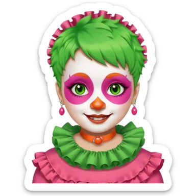 Bright green short hair.

White face paint with green eye makeup and a red nose.

Big wide smile.

Wearing a pink ruffled collar with an orange outfit. sticker