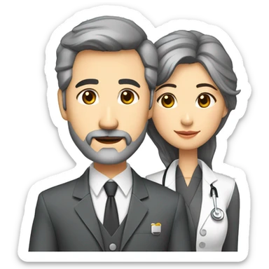 husband preacher middle age dark gray hair trimmed beard business suit, with wife asian age 55 dark hair nurse uniform sticker