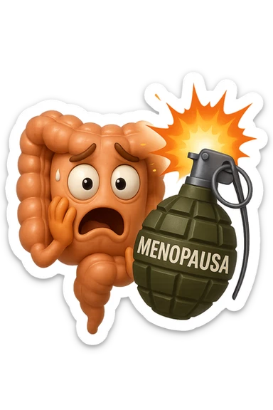 EMOJI STILE IPHONE 3D DI INTESTINO 3D CON ESPRESSIONE SPAVENTATA IN VOLTO MENTRE ACCANTO A LUI SCOPPIA UNA GRANATA 3D CON LA SCRITTA "MENOPAUSA" SOPRA, FAGLI ANCHE LA PARTE BIANCA DEGLI OCCHI, NON SOLO LA PUPILLA sticker