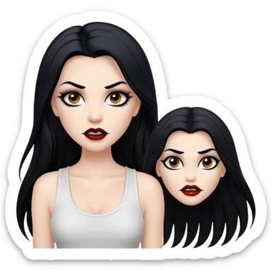 White woman with a white tank top long black hair glossy middle part long hair vamp look with fangs brown eyes eyeliner winged with lashes top and bottom white border big lips black eyebrows sticker