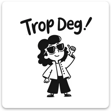 Sketchy character with sunglasses looking extremely cool with 'Trop Deg' text sticker