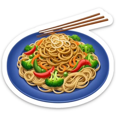 Illustrate stir-fried noodles with vegetables & soy sauce on a plate sticker