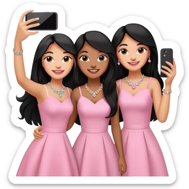 Just 3 besties with professional glammed up looks wearing pink and white, medium skin tone smiling big with black long hair. Very girly wearing jewelry, taking a selfie  sticker