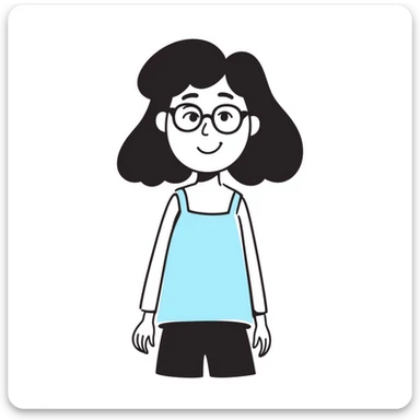 a light brown girl with long eyelashes, black medium hair, clear glasses, wearing a cute light blue tank top with spaghetti straps, hand drawn doodle style sticker
