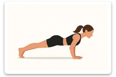 Minimalist flat vector illustration of a woman doing yoga (Four Limbed Staff ), wearing sportswear (black top and black shorts), brown hair pulled back into a ponytail, clean white background, no face details, elegant style sticker