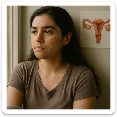 Create a soft and realistic portrait of a young woman with PCOS sitting by a window with natural light highlighting her faint facial hair and acne scars. The image should have a shallow depth of field and resemble 8 DSLR-style photos, raw and unfiltered. Include a subtle reference to polycystic ovaries inspired by the provided medical illustration. The style should be natural and photographic, focusing on authenticity and gentle lighting. sticker