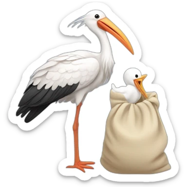  white stork carrying a bundle of cloth in its beak that has a human baby with dark hair and the baby face is peeking out from the cloths bundle the strok is carrying sticker
