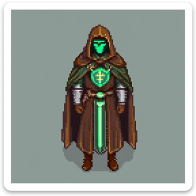 S'pht compiler from Marathon M1 (1994) wearing a brown cloak, green glowing light, metallic mantle with prominent pauldron, retro pixelated style, nostalgic slightly faded polaroid effect sticker