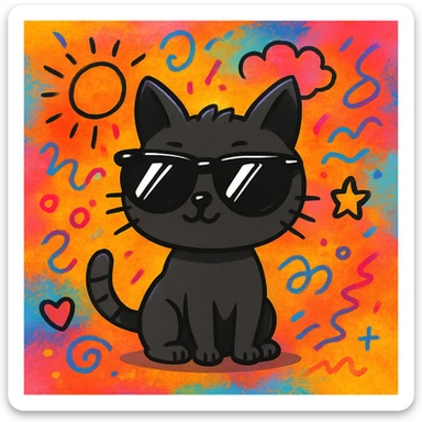 Add a vibrant, colorful background behind the cat wearing sunglasses, keeping the doodle style look and feel. sticker