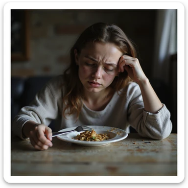 hyperrealistic 4K image of a young woman with a pale and tired face, evident stress, sitting at a table with little food on the plate, pushing food with a fork, atmosphere of discomfort, detailed sticker