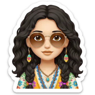 girl in hippies clothes, wearing sunglasses, black wavy hair sticker