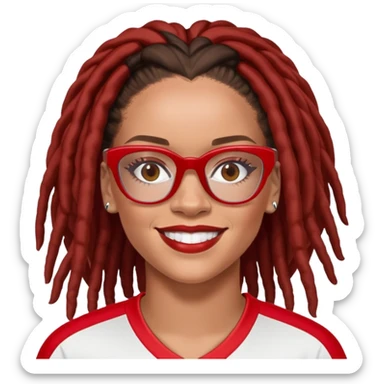 Rihanna with freckles and soccer mom dreadlocks are dark brown and wearing  red and white jersey and cateye eyeglasses big smile sticker