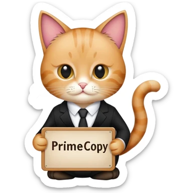 Cat in a black suit holding a sign with the inscription “PrimeCopy” sticker