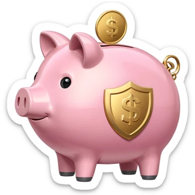 A clean and simple emoji-style icon: A stylized piggy bank with a coin dropping into it from above. Next to or slightly behind the piggy bank, a small shield symbolizing security and protection. Minimal details, rounded shapes, bright flat colors, consistent with standard emoji design. sticker