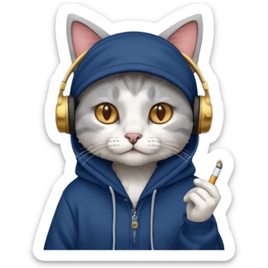 cat in headphones, in a dark-blue oversized hoodie with a cigarette in his hand  sticker
