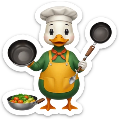 A duck holding a frying pan with vegetables, wearing green apron sticker