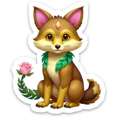 Colorful brown with rose pink, yellow-beige-cream, jade-green tropical exotic shiny beautiful fantasy-Vernid-Cacomistle-animal-Fakémon-hybrid-fursona (full body) sticker