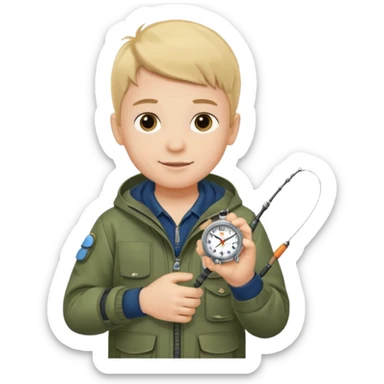 Boy in fishing suit looking at his wristwatch sticker