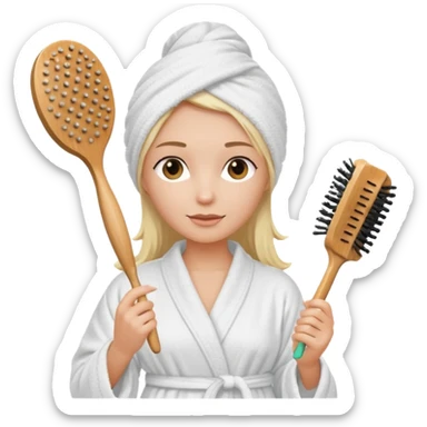 Women wearing shower robe an their hair with towel holding a brush sticker
