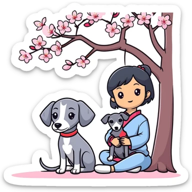 A young Chinese girl with long black hair and a dark grey Italian Greyhound with absolutely no white marks on its body or nose sitting under a cherry blossom tree sticker