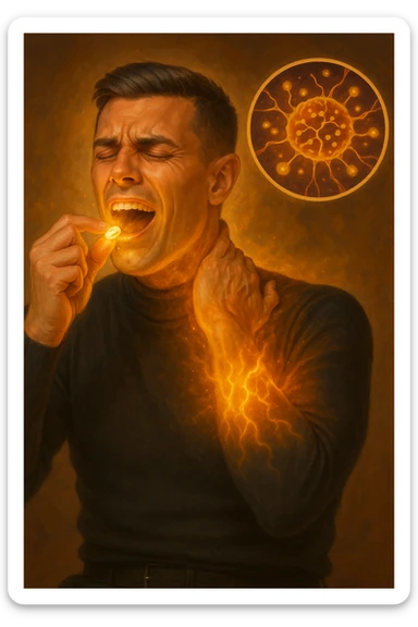 "Man taking simple sugar tablet believing it's powerful medicine, golden healing light emanating from pill as it dissolves, his chronic pain visibly dissolving as relief spreads across his face, expression transforming from suffering to amazement, brain chemistry changing through pure belief, microscopic view showing endorphins releasing purely from expectation, body healing itself through mind's conviction" sticker