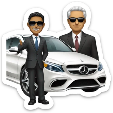 Latino Businessman with sunglasses standing in front of Mercedes sticker