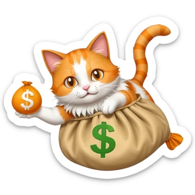 energetic cat diving into a classic money bag with visible dollar sign, modern twist, emoji style sticker