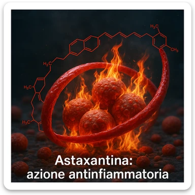 hyper realistic red astaxanthin molecule protecting inflamed cells, red molecule wrapping cells with flames, scientific atmosphere, realistic details, text 'Astaxantina: azione antinfiammatoria' sticker