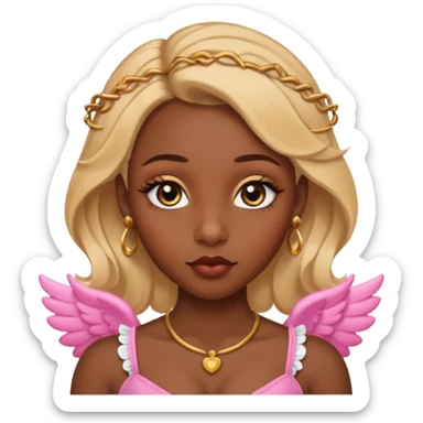 darkskin female with eyebrows that are naturally shaped and frame eyes well, eyes that are almond-shaped with defined lashes. nd lips are full with a defined cupid’s bow, add also a septum piercing that adds an edgy, stylish flair. a middle-part, honey blonde bust-down with laid baby hairs sticker