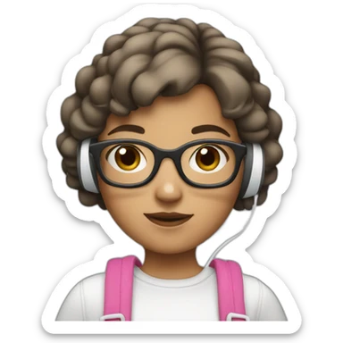 young girl with gray glasses and a short brown haircut with white headphones and a pink bag sticker