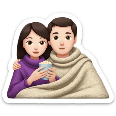 woman with dark hair with her husband at home near chimney watching movie under blanket cozy vibe sticker